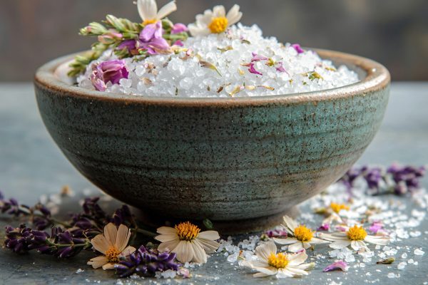 Therapeutic minerals in bowl with flowers